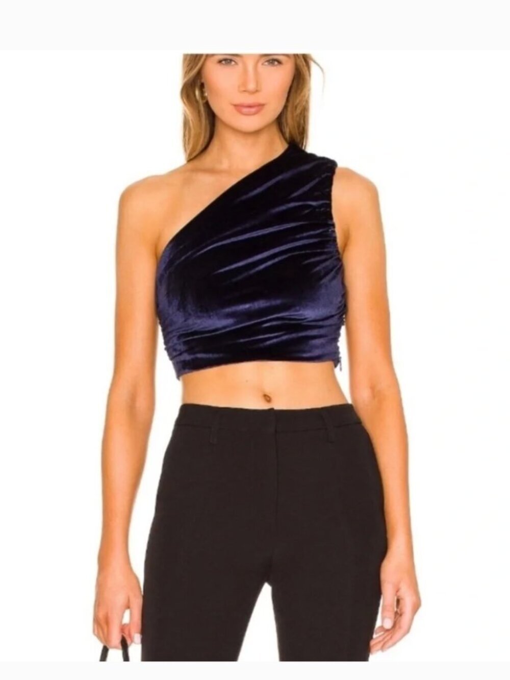House of Harlow 1960 Navy Blue Velour One Shoulder Tank Top S
